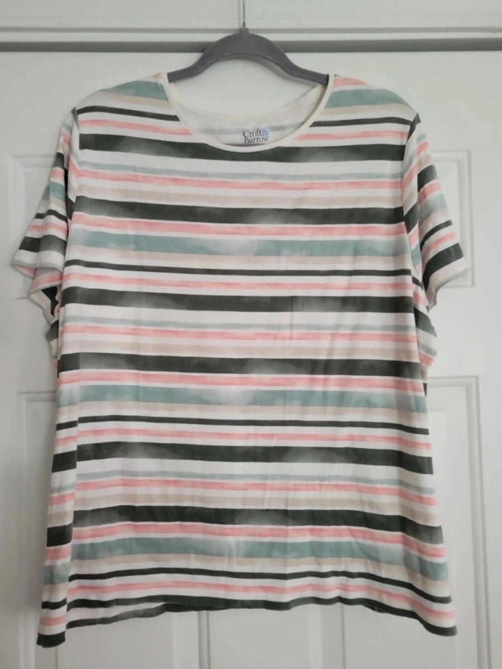 croft & barrow Short Sleeve Striped Crewneck Tee in Pink, Green & Gray